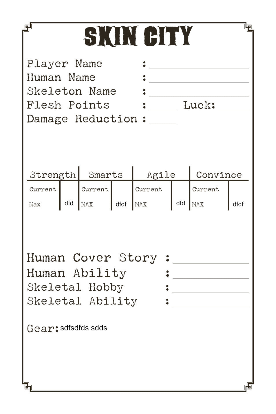 Skin City Digital Character Sheet