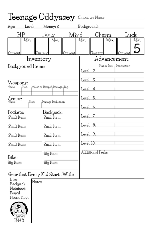 Teenage Oddyssey Digital Character Sheet